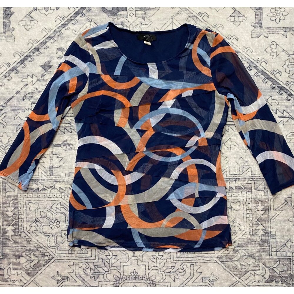 Alfani‎ Petite Medium Multicolor Sheer Stretch Top Nylon Circle Print 3/4 Sleeve